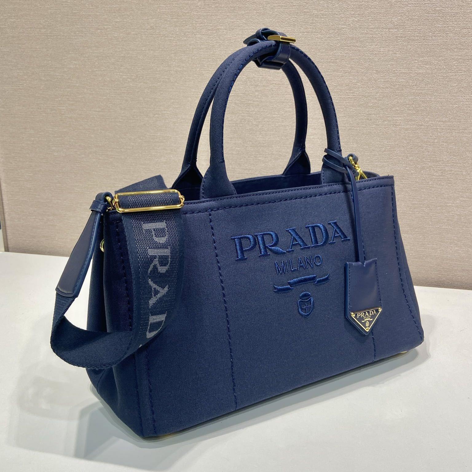 高仿Prada*1BG554刺繡徽標購物袋深藍中號免檢版