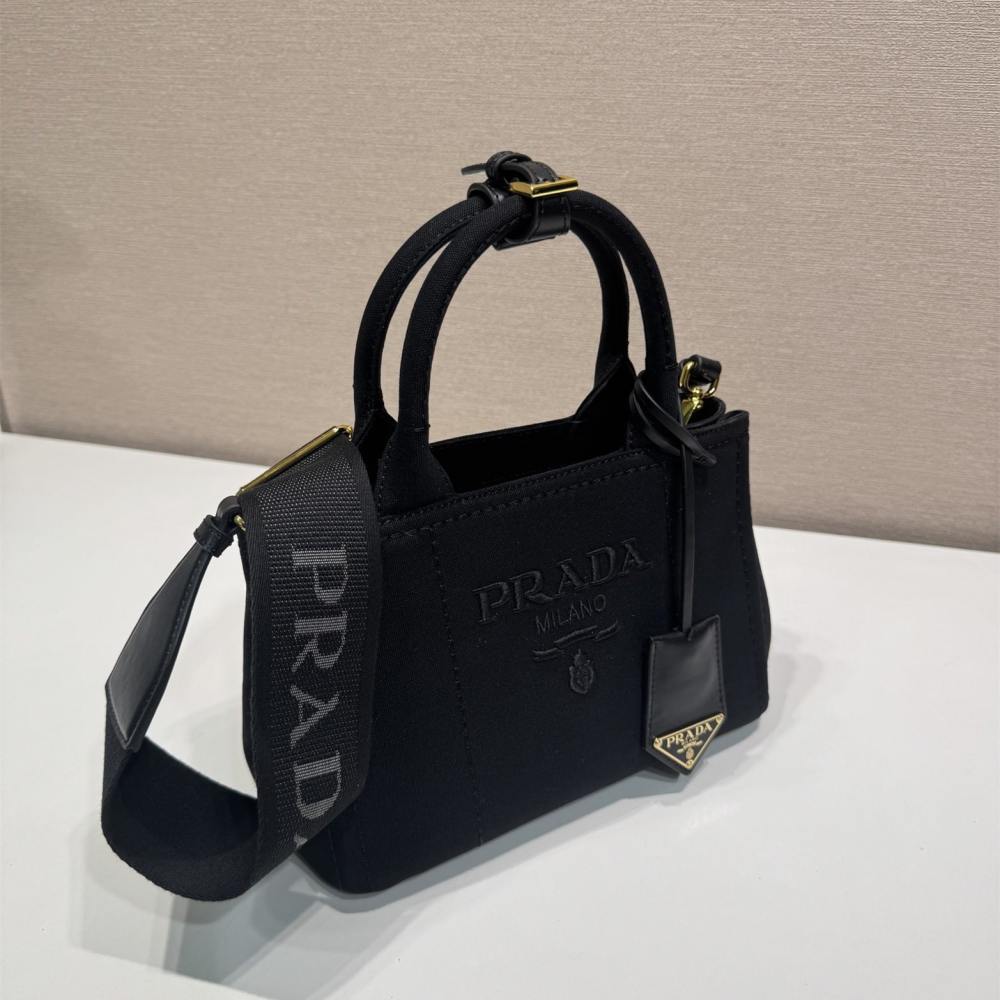 高仿Prada*1BA038刺繡徽標Tote手袋黑色Mini免檢版
