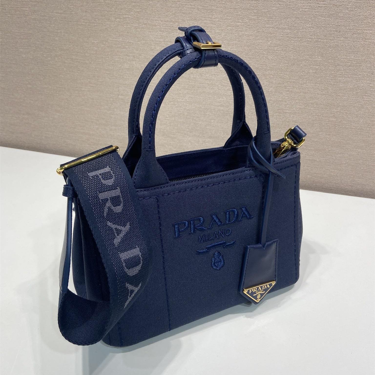 高仿Prada*1BA038刺繡徽標Tote手袋深藍Mini免檢版