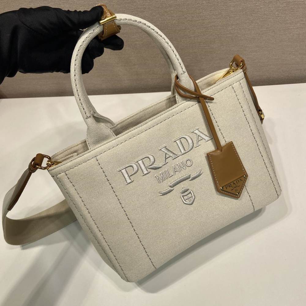 高仿Prada*1BG464刺繡徽標Tote包白色小號免檢版