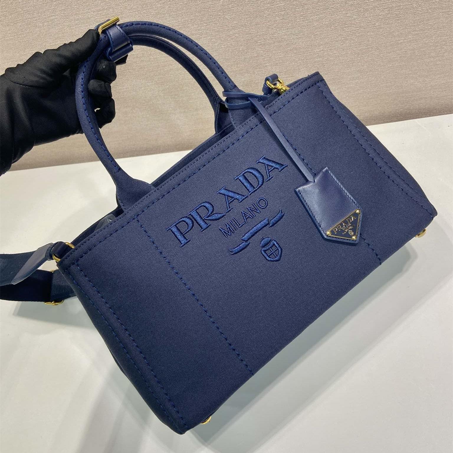 高仿Prada*1BG554刺繡徽標購物袋深藍中號免檢版