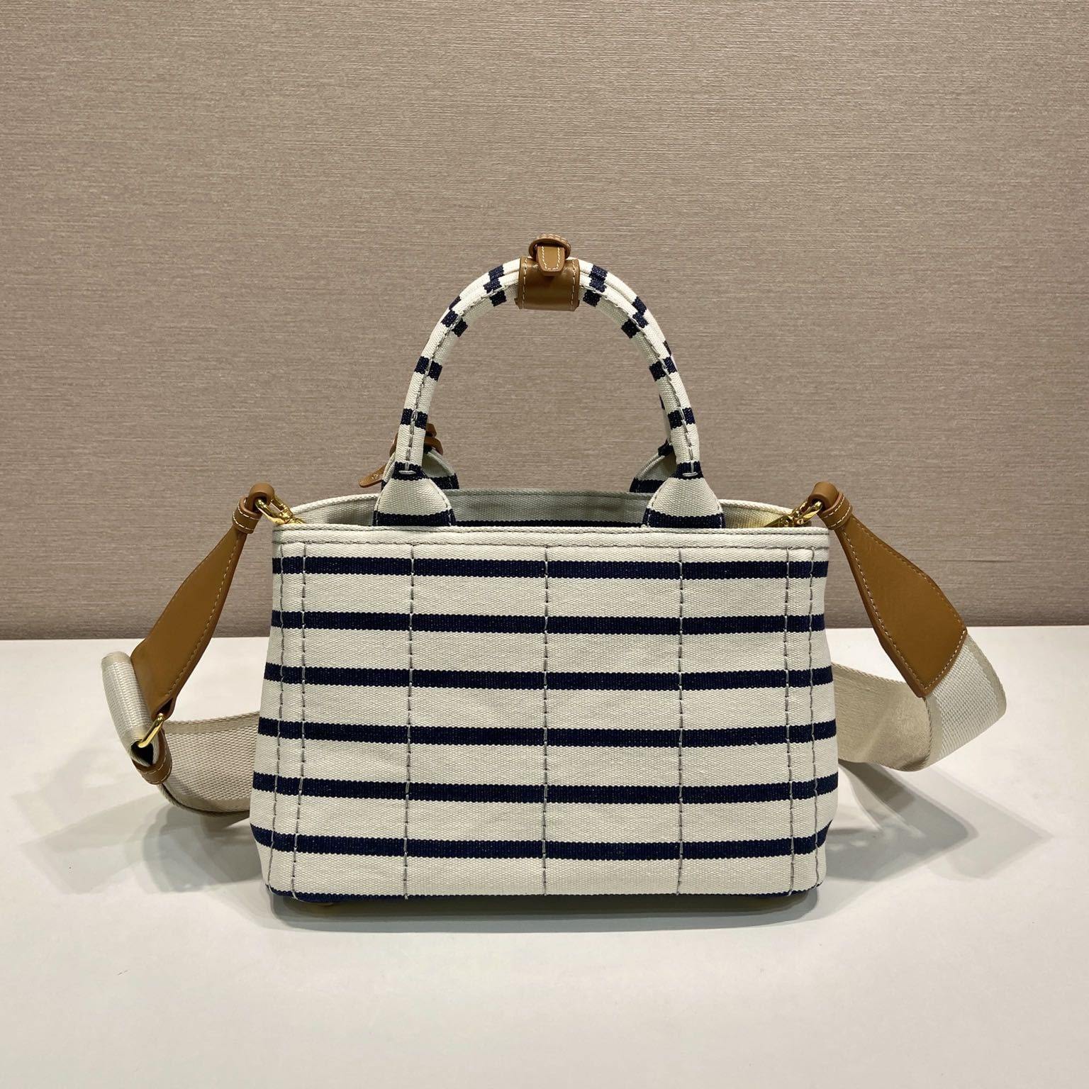 高仿Prada*1BA038棉質徽標手提袋海軍藍Mini免檢版