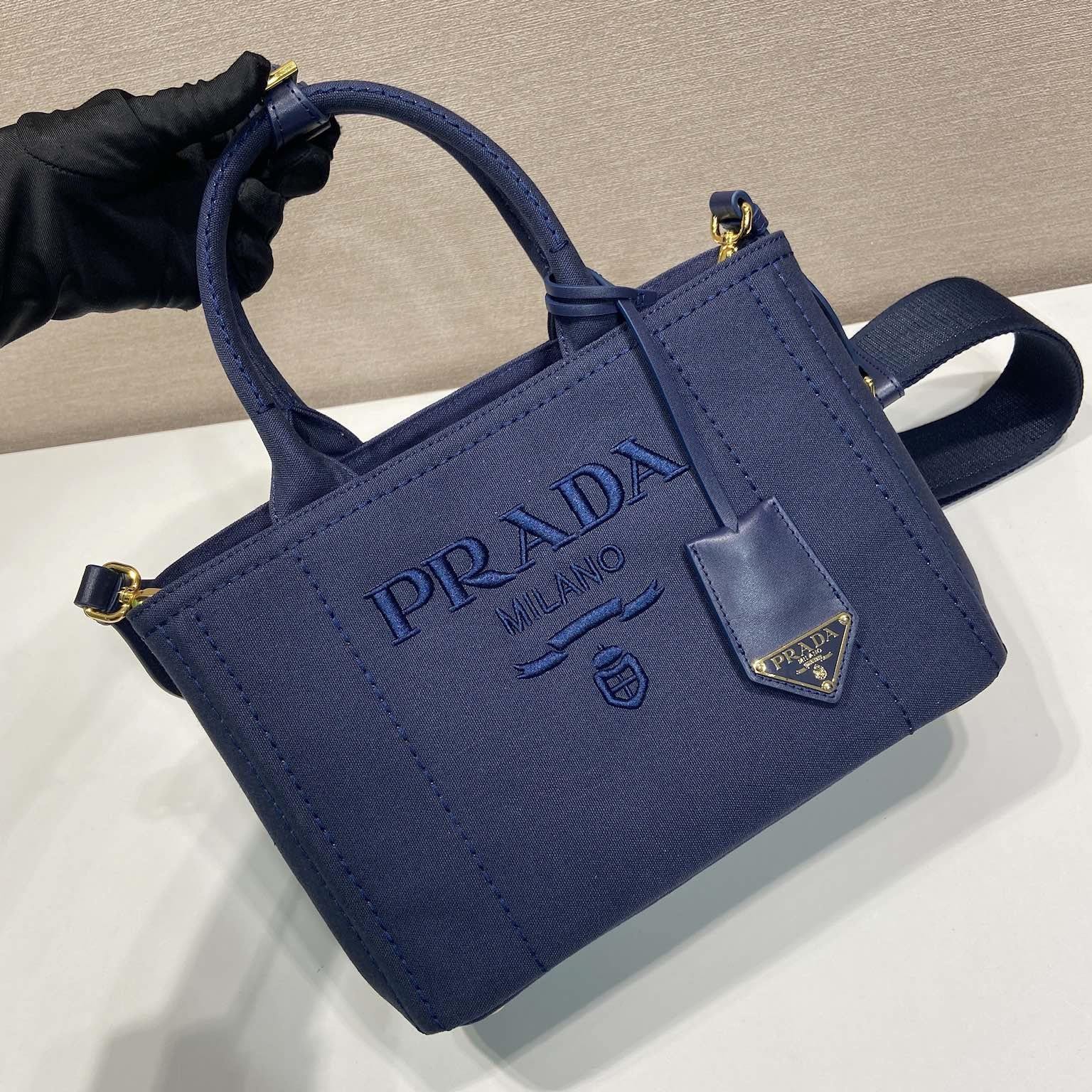 高仿Prada*1BG464刺繡徽標Tote包深藍小號免檢版