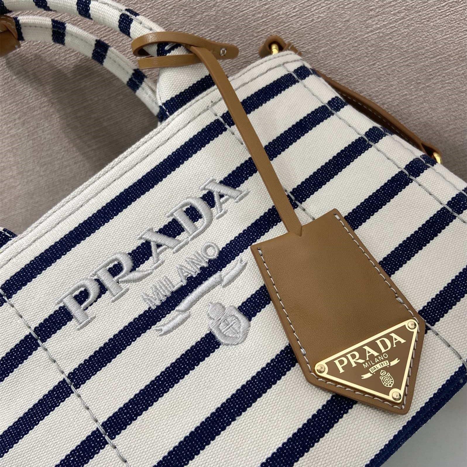 高仿Prada*1BA038棉質徽標手提袋海軍藍Mini免檢版