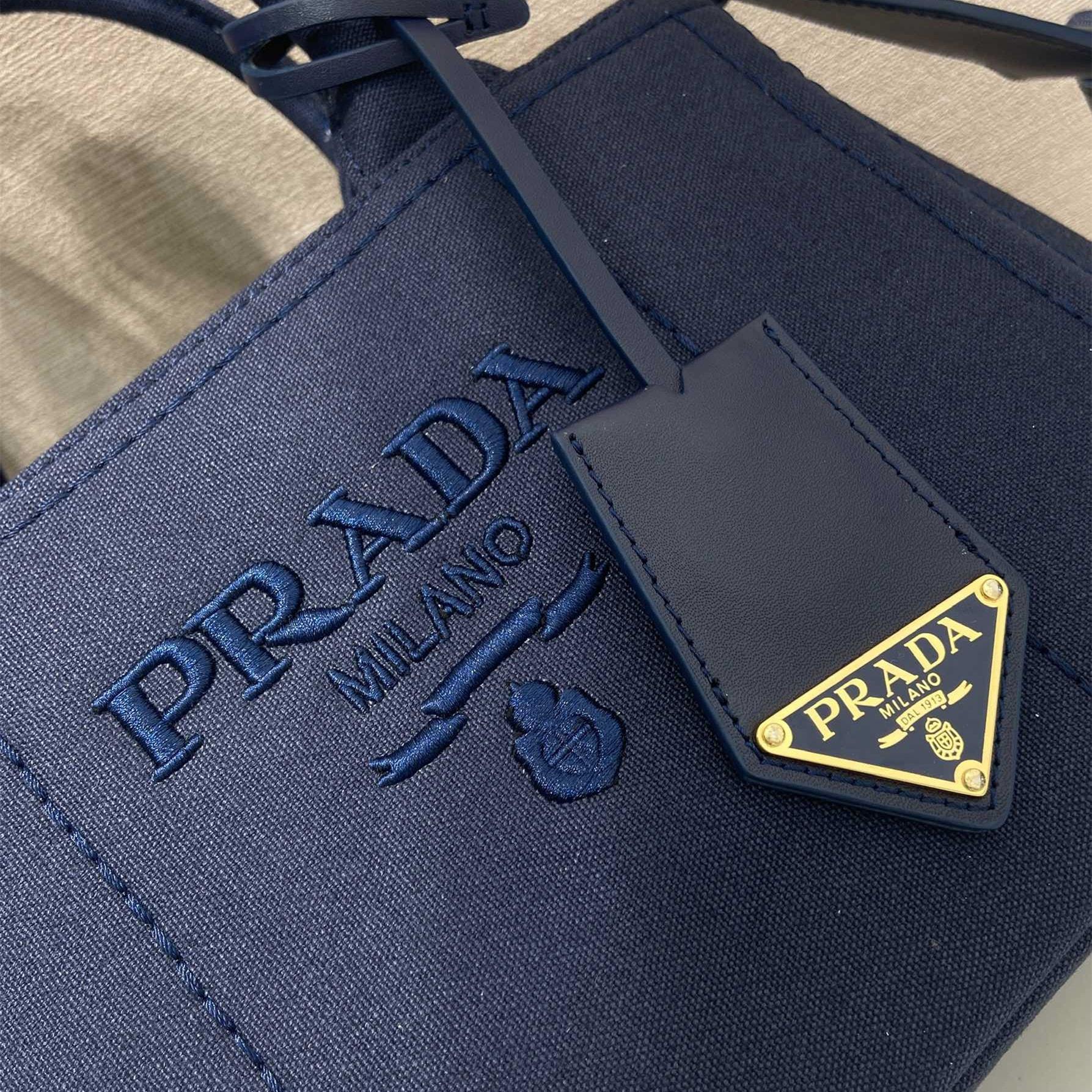 高仿Prada*1BA038刺繡徽標Tote手袋深藍Mini免檢版