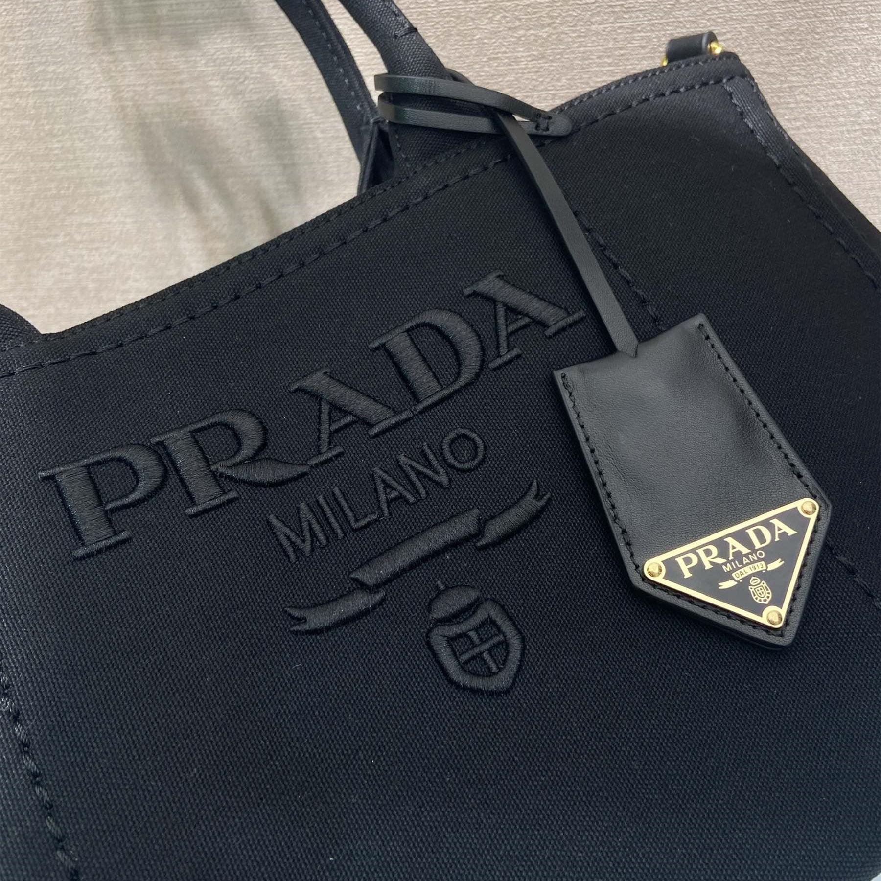 高仿Prada*1BG554刺繡徽標購物袋黑色中號免檢版