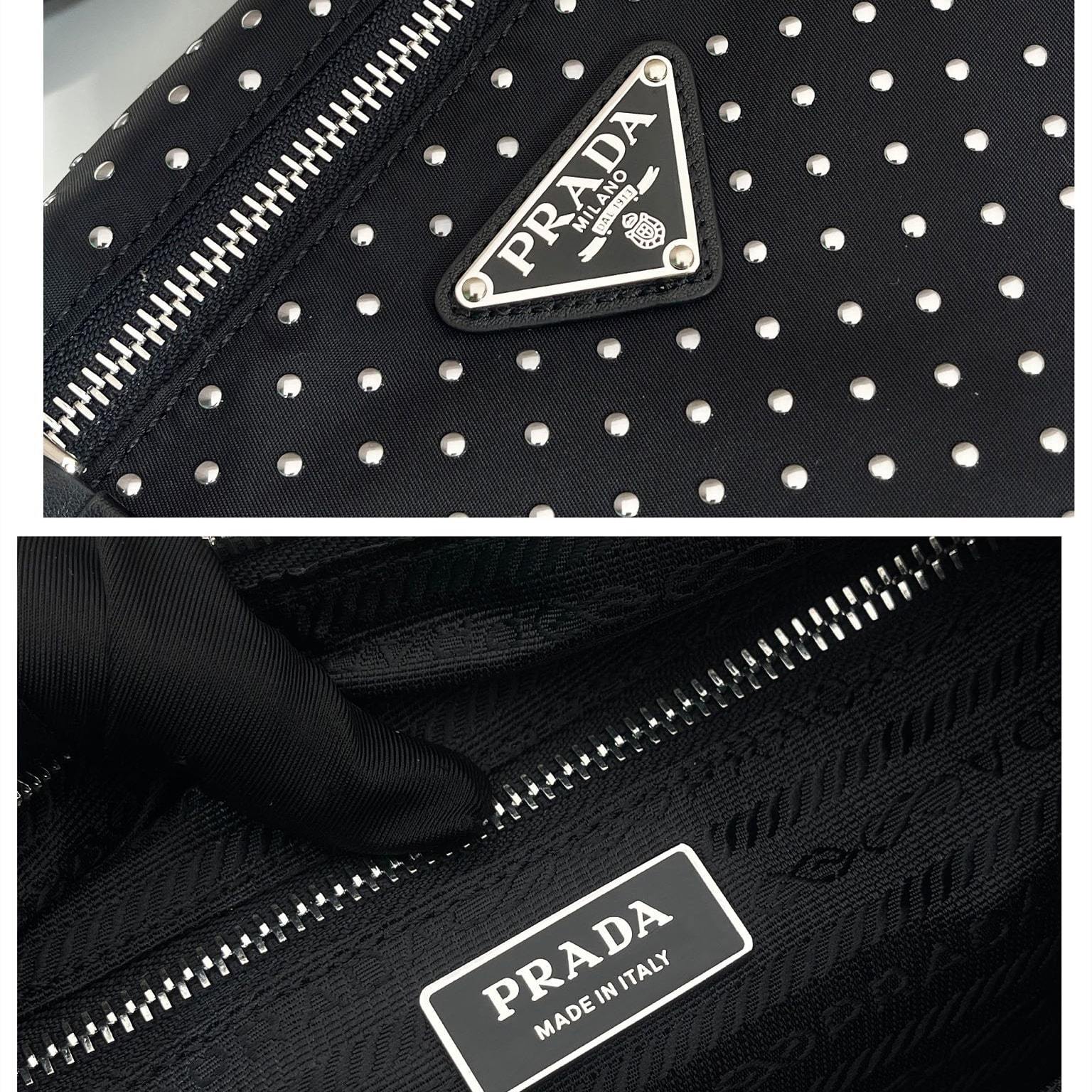 高仿Prada*RE-Nylon系列1BC236鉚釘斜挎包黑色免檢版
