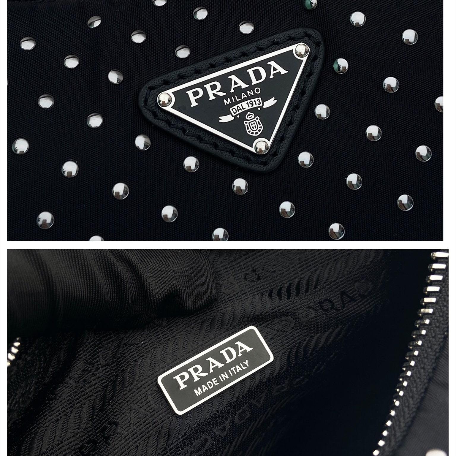 高仿Prada*RE-Nylon系列1BC515鉚釘單肩包黑色Mini免檢版