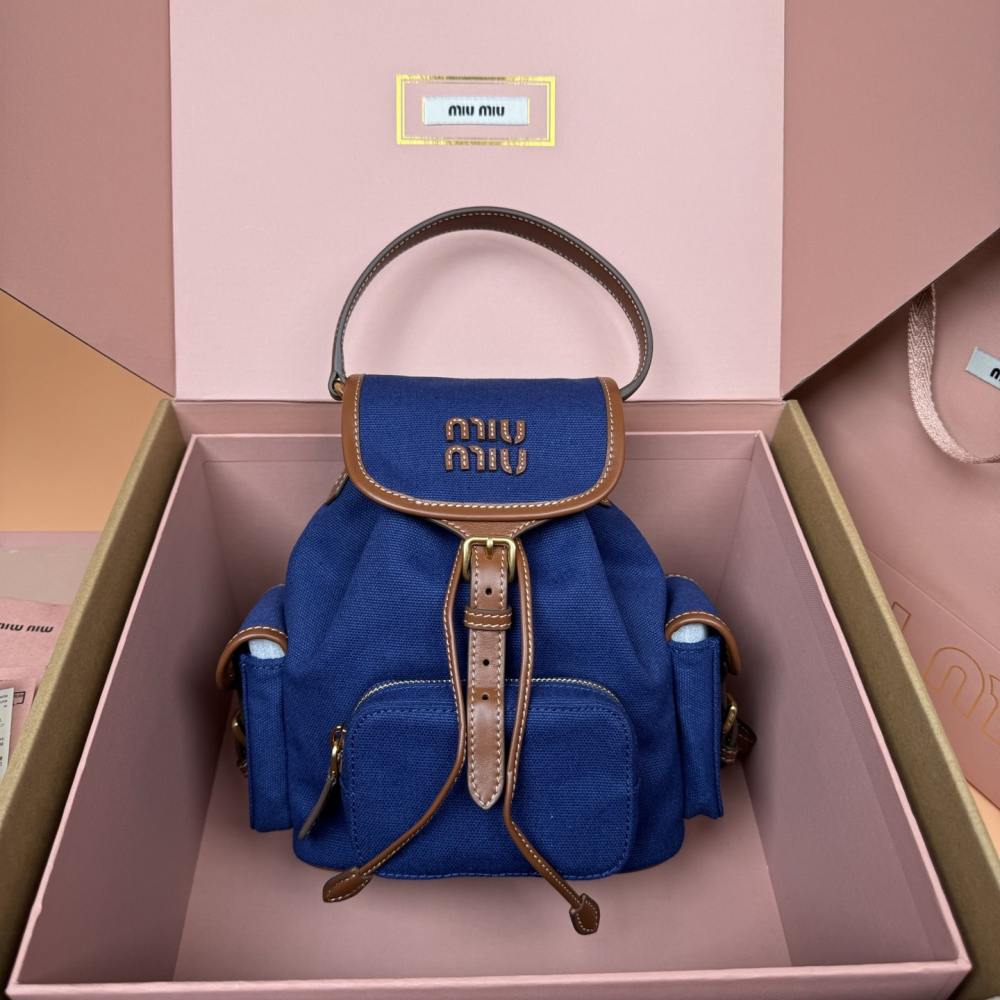 高仿miumiu*5BZ043棉質雙肩包藍色小號免檢版
