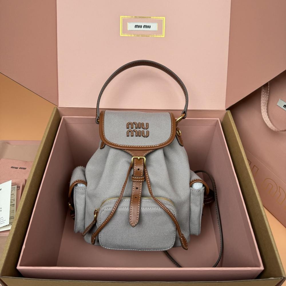 高仿miumiu*5BZ043棉質雙肩包灰色小號免檢版