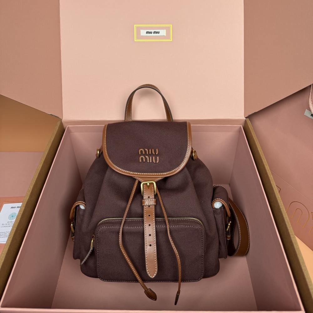 高仿miumiu*5BZ042棉質雙肩包棕色小號免檢版