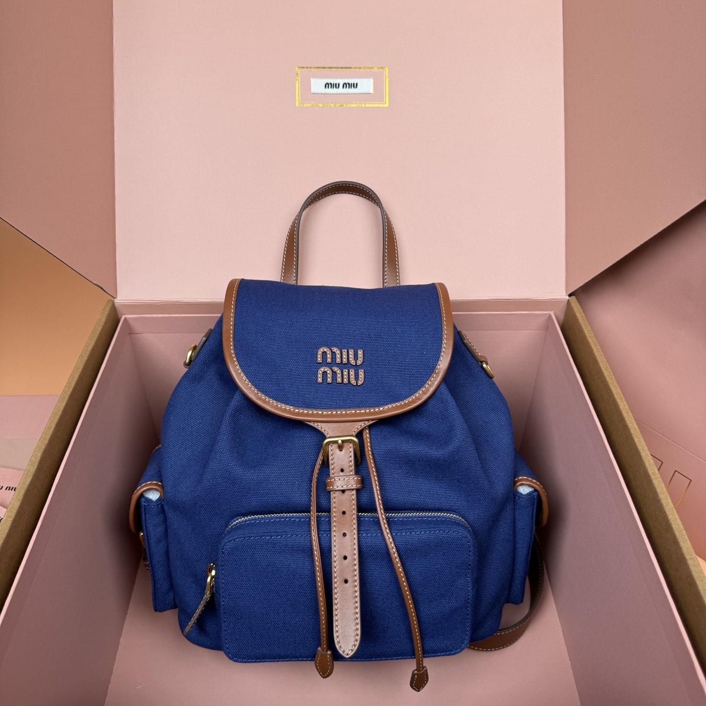 高仿miumiu*5BZ042棉質雙肩包藍色大號免檢版