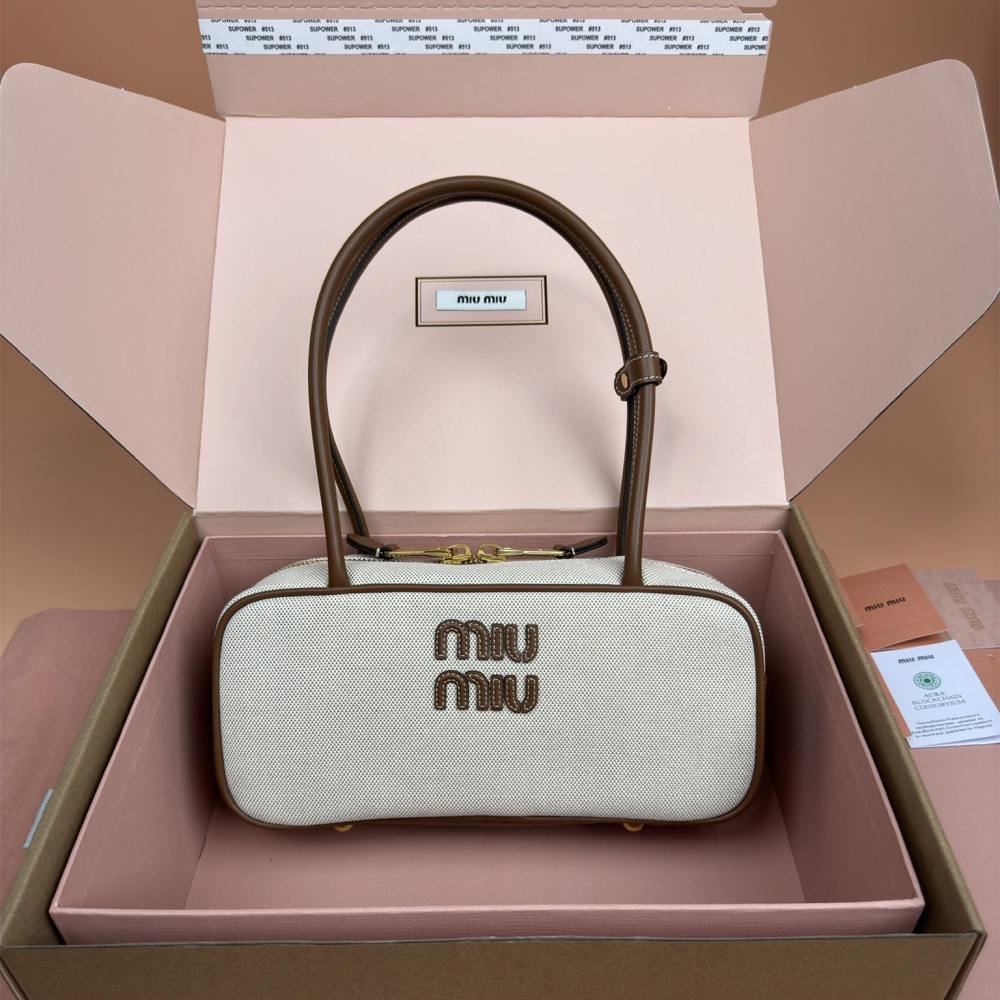 高仿miumiu*Beau系列5BB173棉質手拎袋棕色免檢版