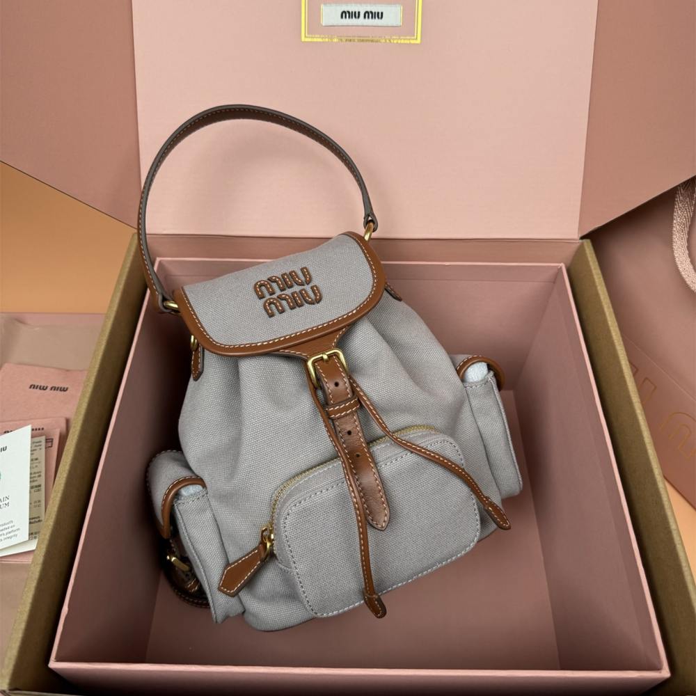 高仿miumiu*5BZ043棉質雙肩包灰色小號免檢版