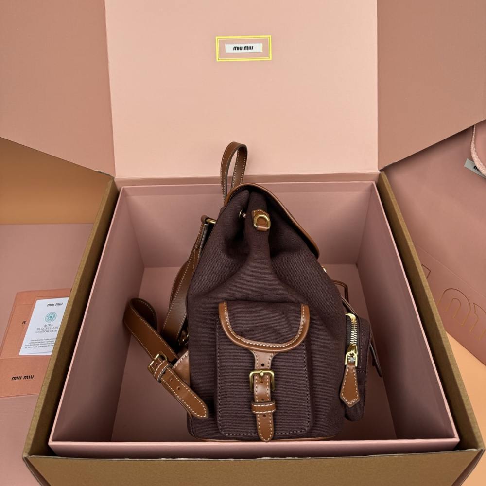 高仿miumiu*5BZ042棉質雙肩包棕色小號免檢版