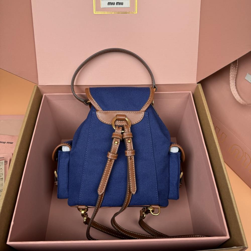 高仿miumiu*5BZ043棉質雙肩包藍色小號免檢版