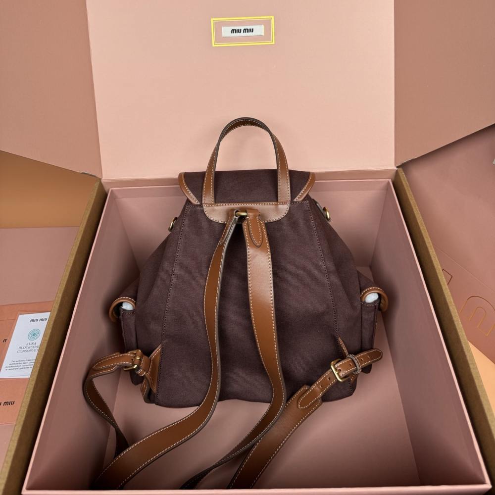 高仿miumiu*5BZ042棉質雙肩包棕色小號免檢版