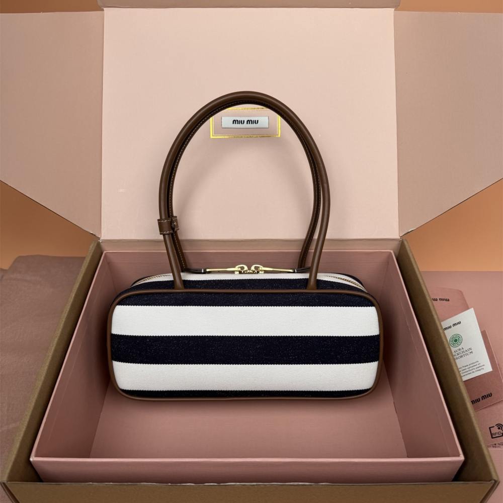 高仿miumiu*Beau系列5BB173牛皮帆布手提包藍白色免檢版