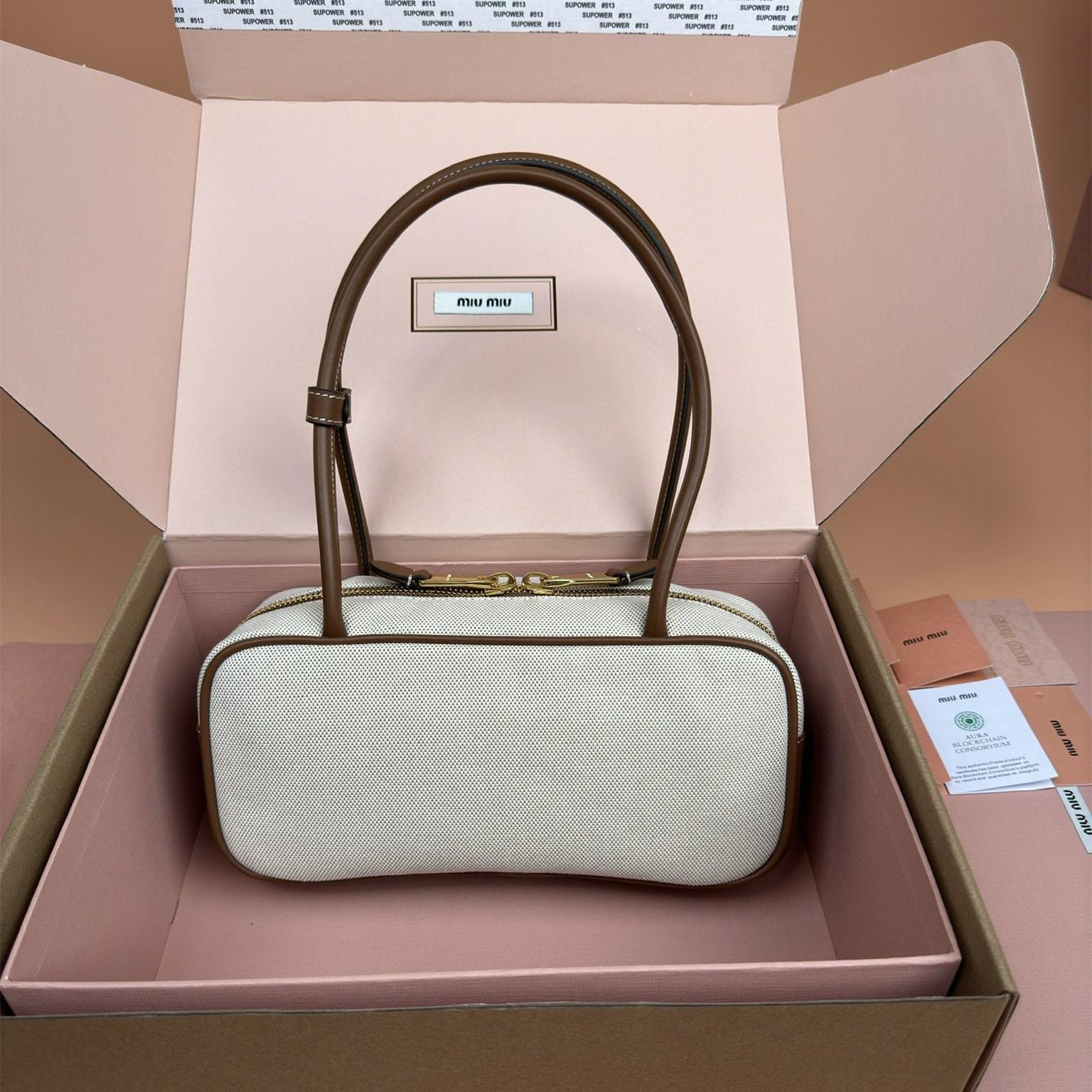 高仿miumiu*Beau系列5BB173棉質手拎袋棕色免檢版