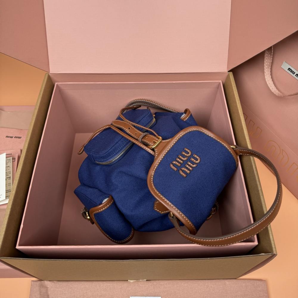高仿miumiu*5BZ043棉質雙肩包藍色小號免檢版