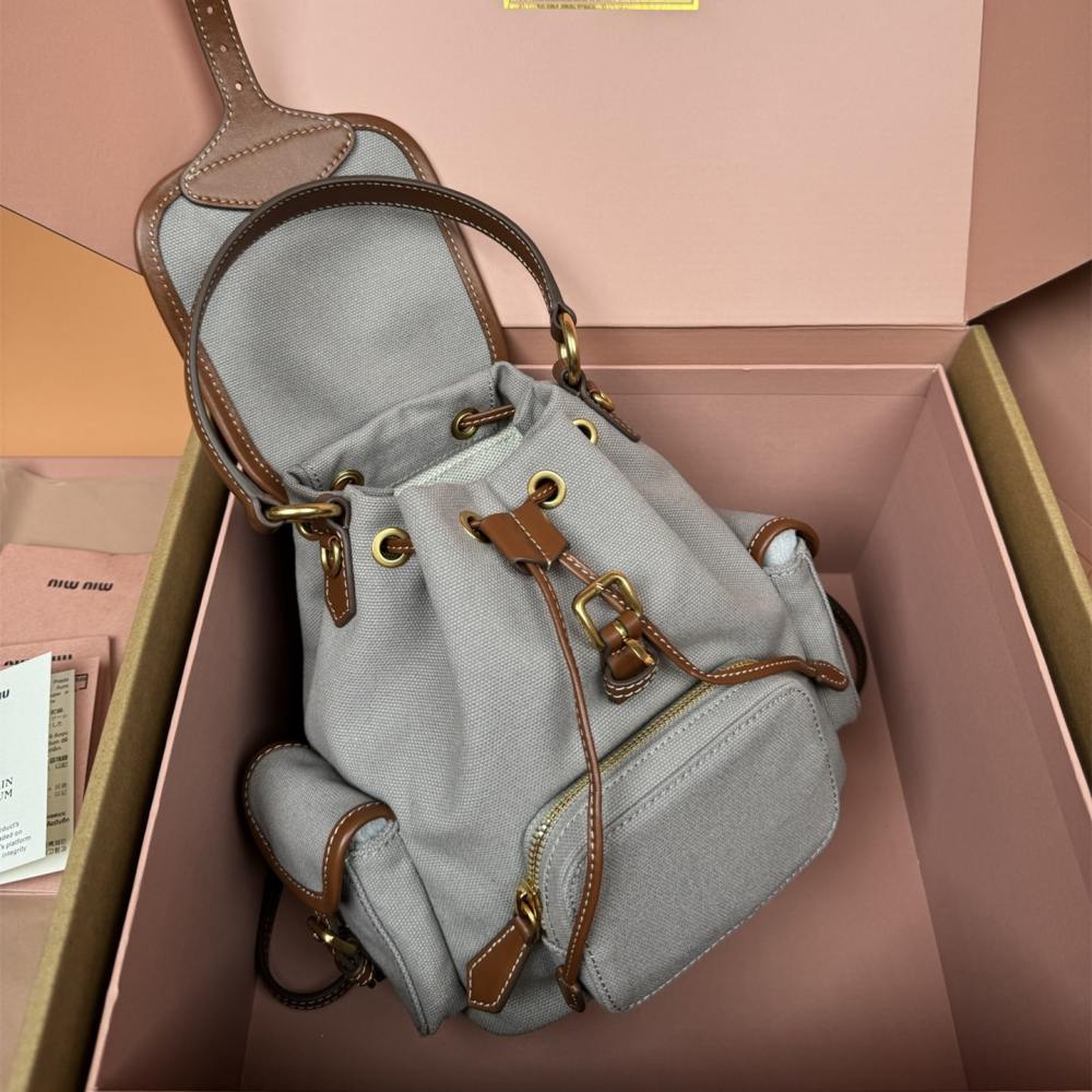 高仿miumiu*5BZ043棉質雙肩包灰色小號免檢版