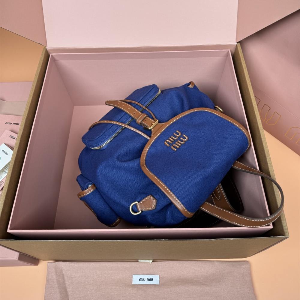 高仿miumiu*5BZ042棉質雙肩包藍色大號免檢版
