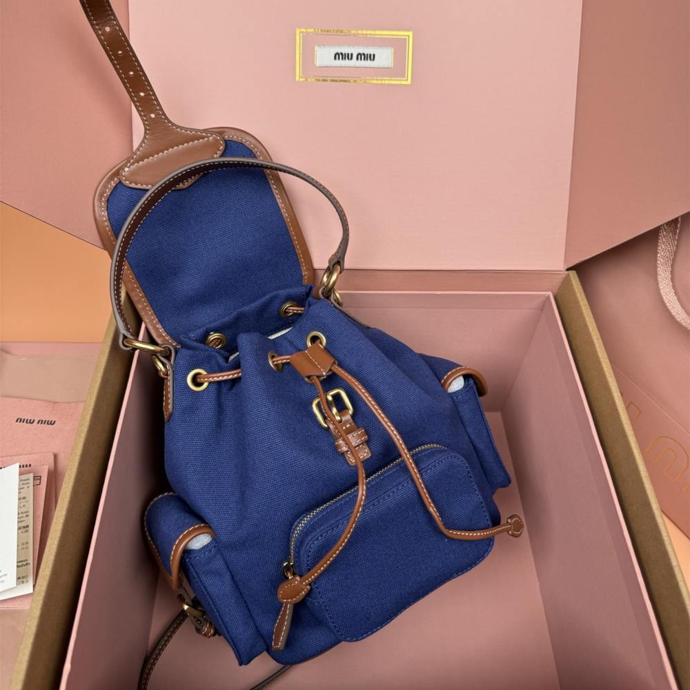 高仿miumiu*5BZ043棉質雙肩包藍色小號免檢版