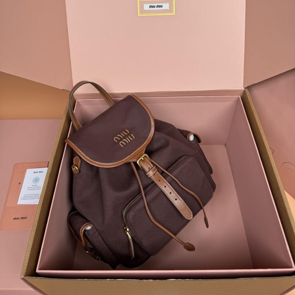 高仿miumiu*5BZ042棉質雙肩包棕色小號免檢版
