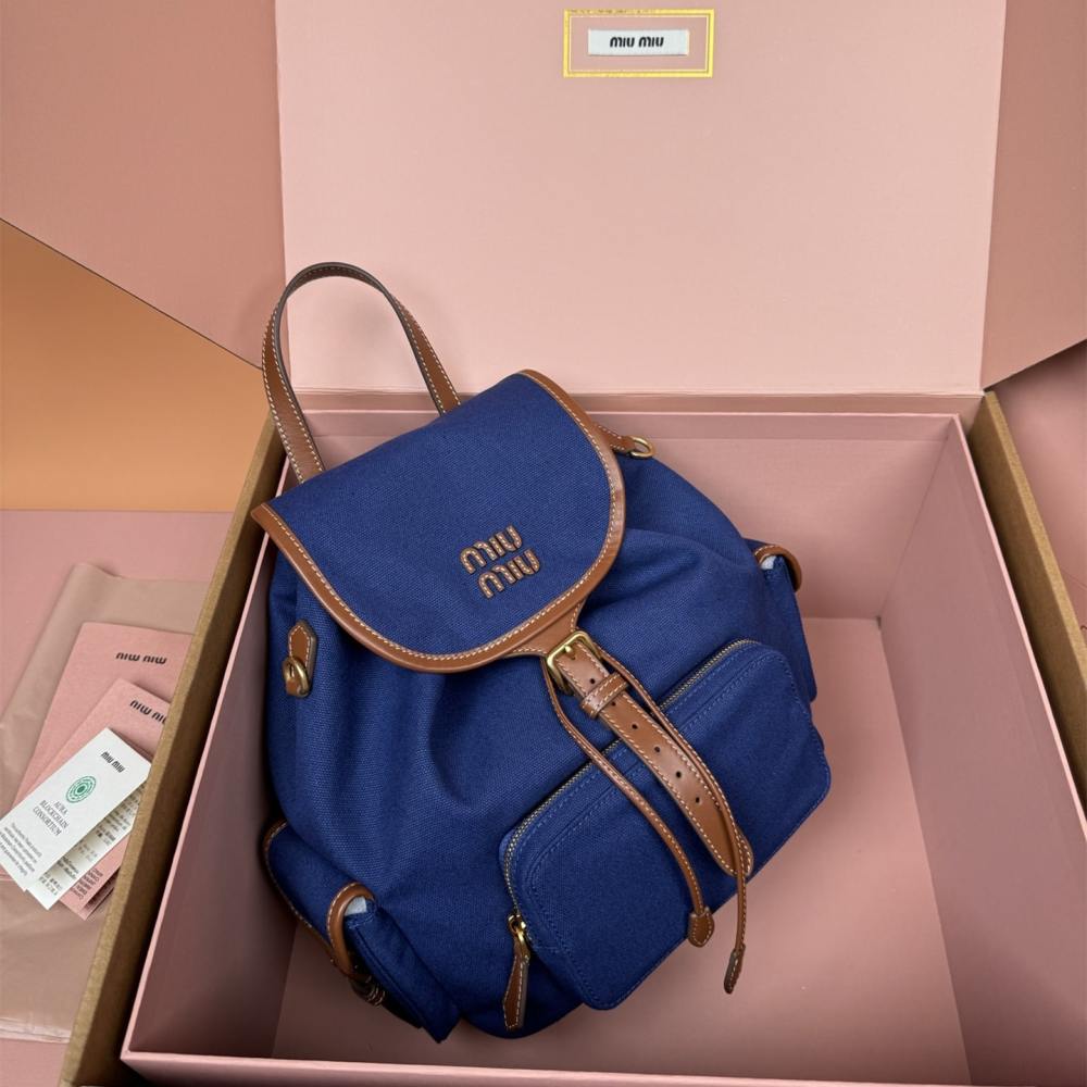 高仿miumiu*5BZ042棉質雙肩包藍色大號免檢版