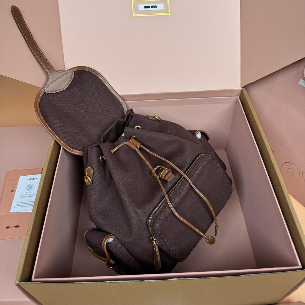 高仿miumiu*5BZ042棉質雙肩包棕色小號免檢版