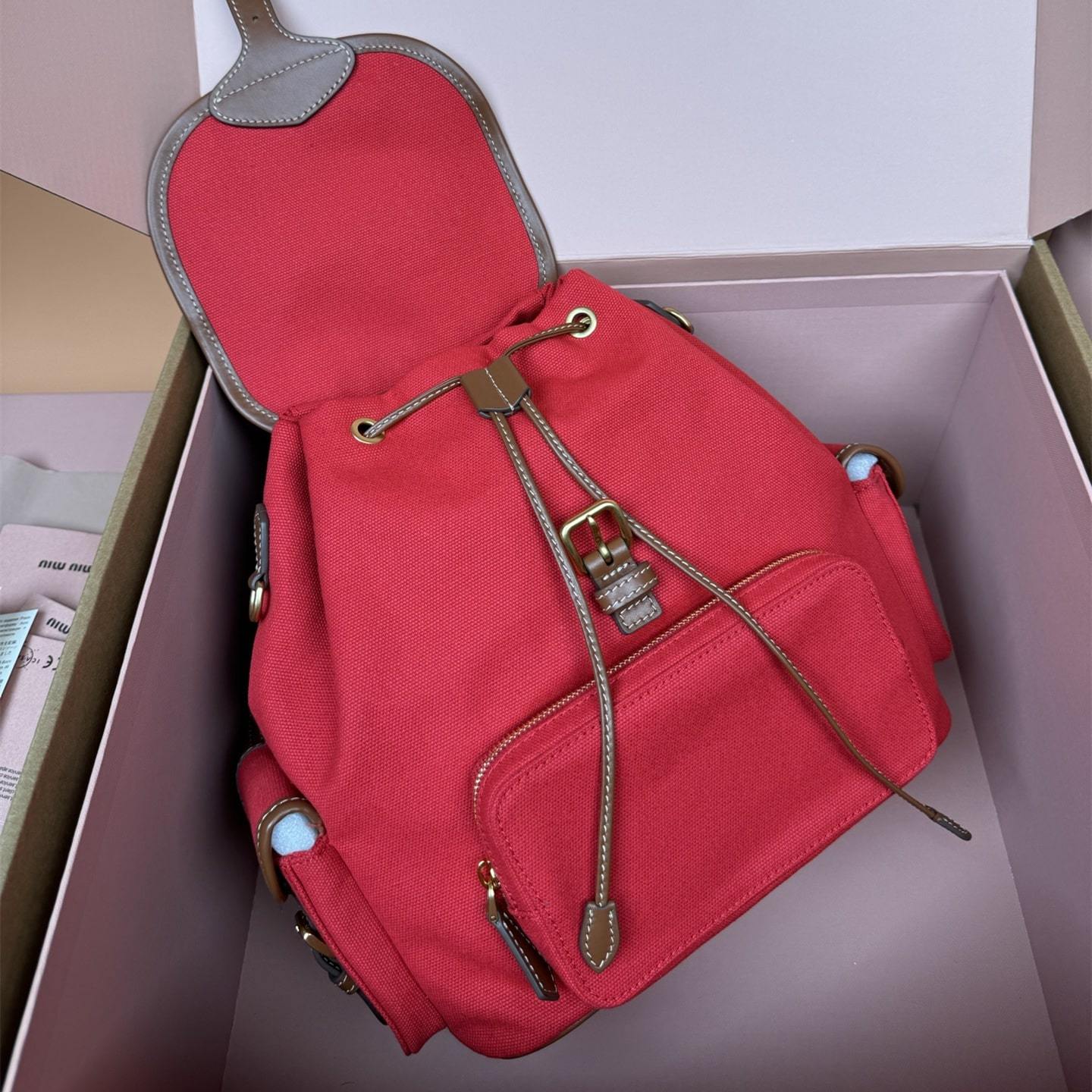 高仿miumiu*5BZ042棉質雙肩包紅色大號免檢版