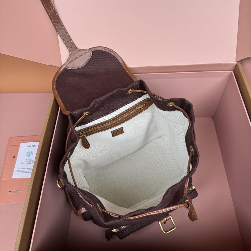 高仿miumiu*5BZ042棉質雙肩包棕色小號免檢版