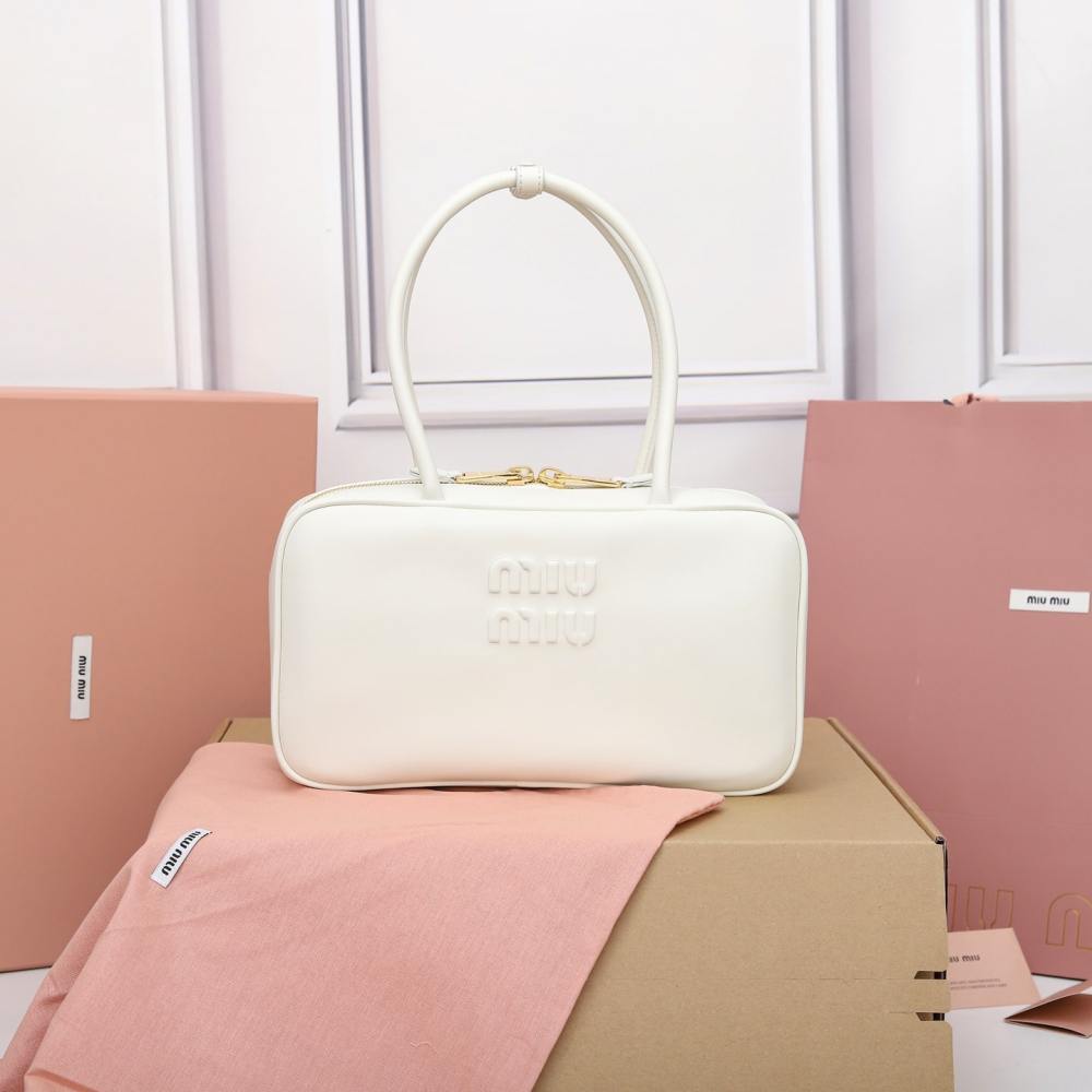高仿miumiu*5BB172壓紋LOGO手提包小牛皮白色免檢版