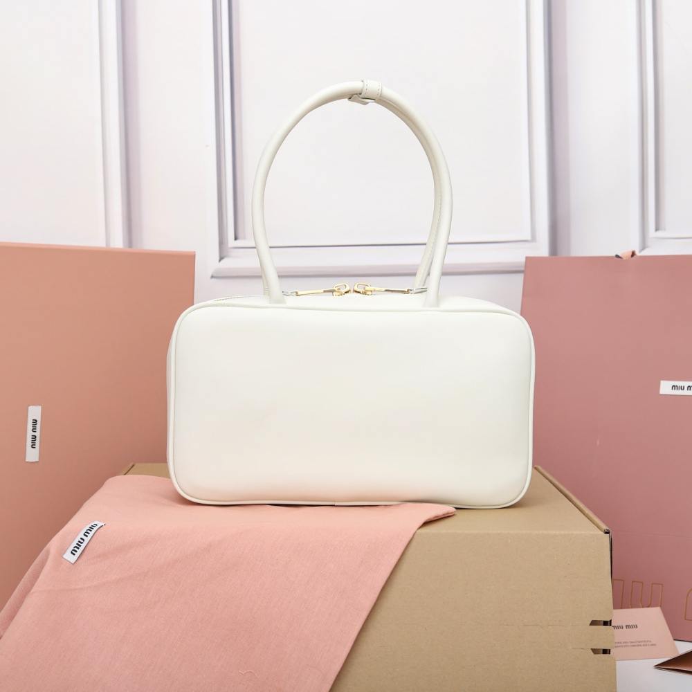 高仿miumiu*5BB172壓紋LOGO手提包小牛皮白色免檢版