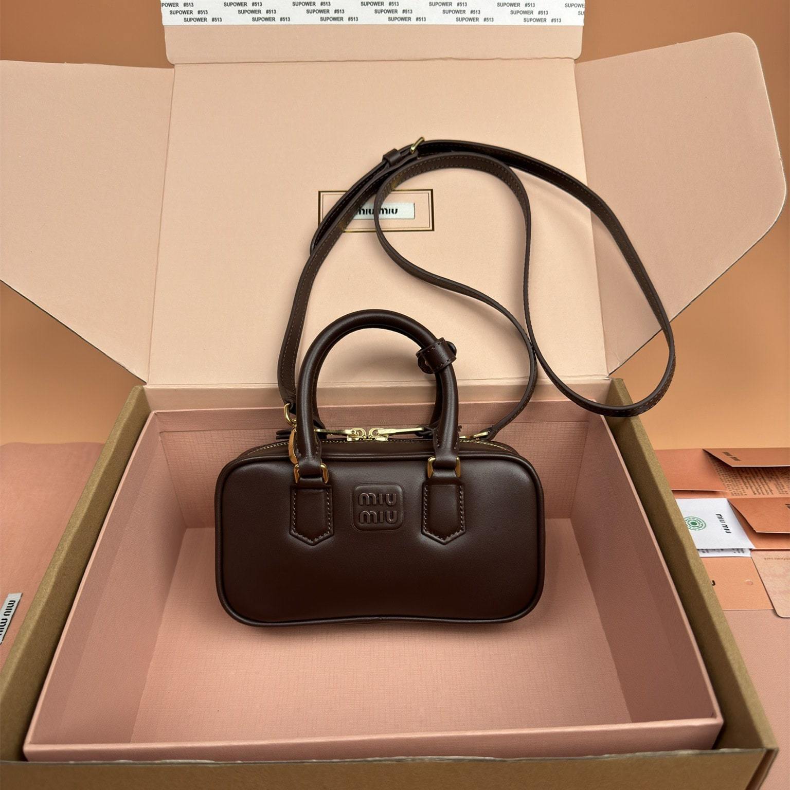 高仿miumiu*Arcadie系列5BP088小牛皮手袋石楠木色Mini免檢版