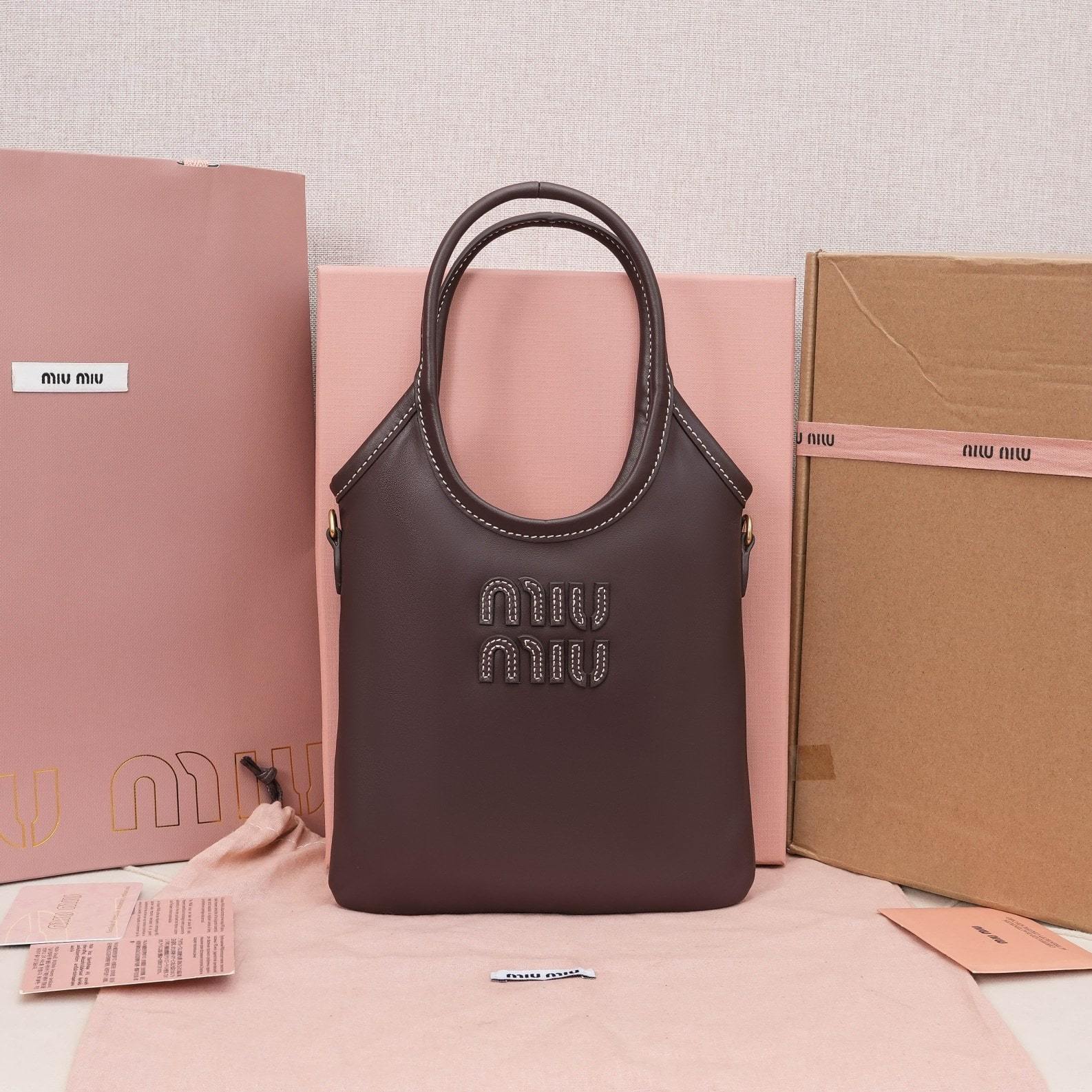 高仿miumiu繆繆*IVY系列5BA281迷你托特包石楠木色免檢版