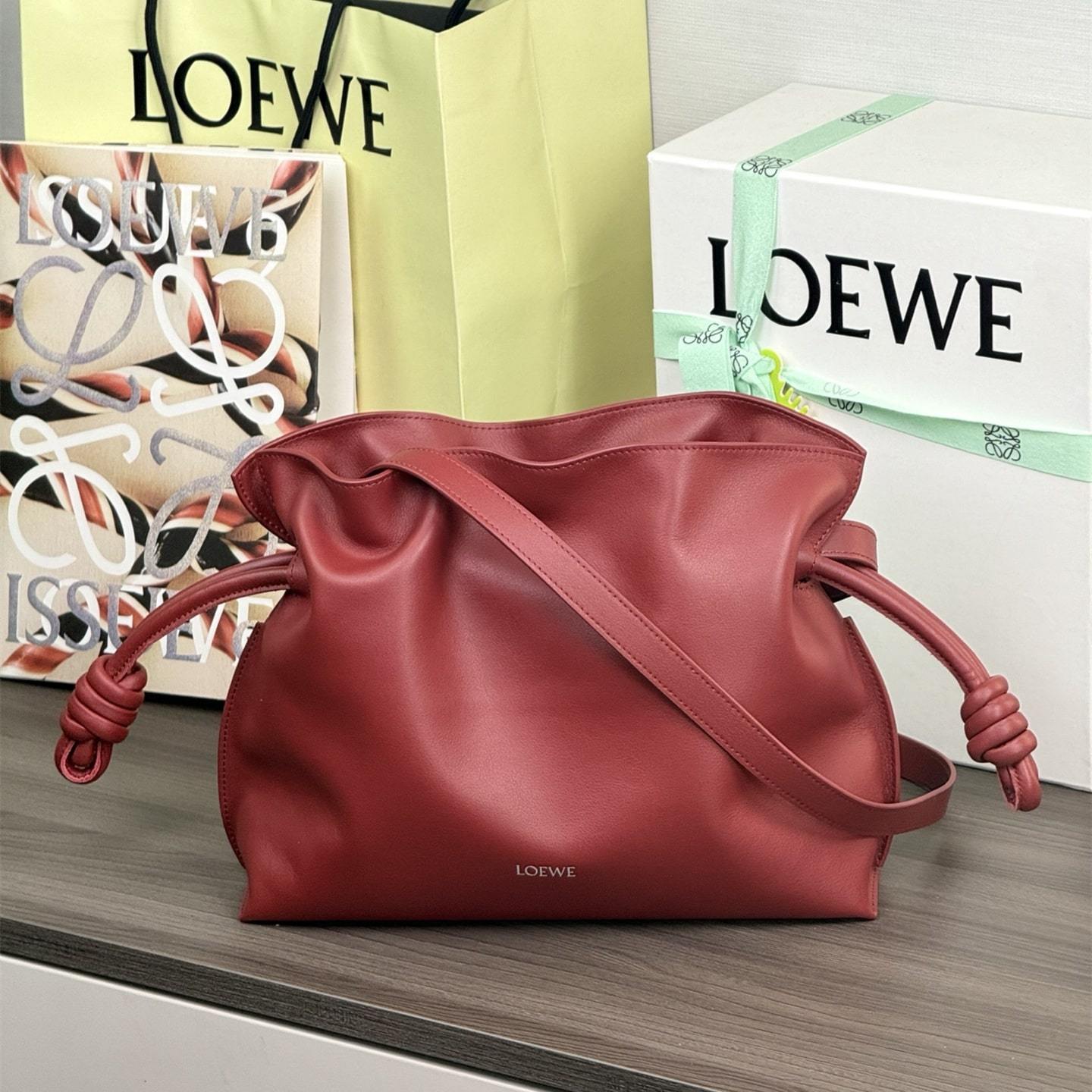 高仿Loewe*Flamenco系列7885小牛皮手拎袋紅色中號免檢版