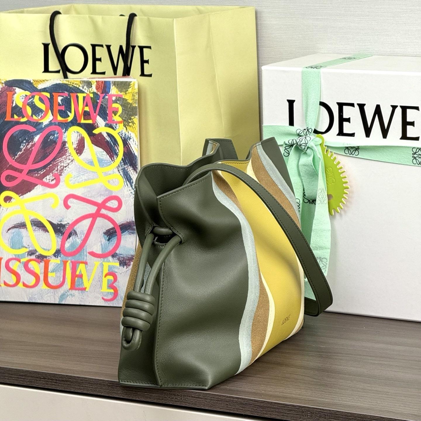 高仿Loewe*Flamenco系列5686拼皮單肩包黃綠色中號免檢版