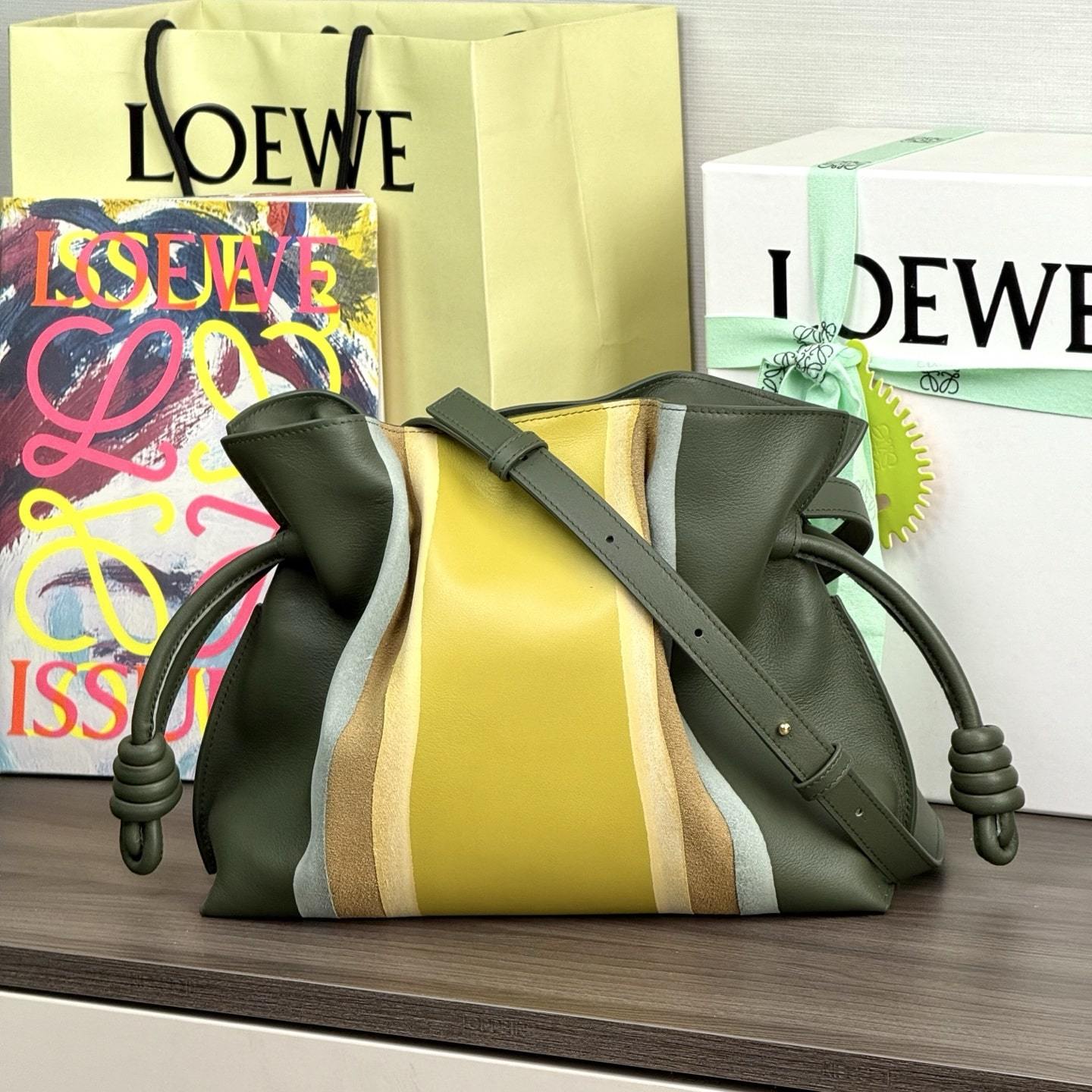 高仿Loewe*Flamenco系列5686拼皮單肩包黃綠色中號免檢版