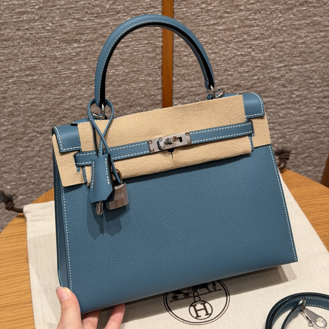 高仿Hermes*Kelly25系列H043110EP7C牛仔藍銀扣牛皮純手工
