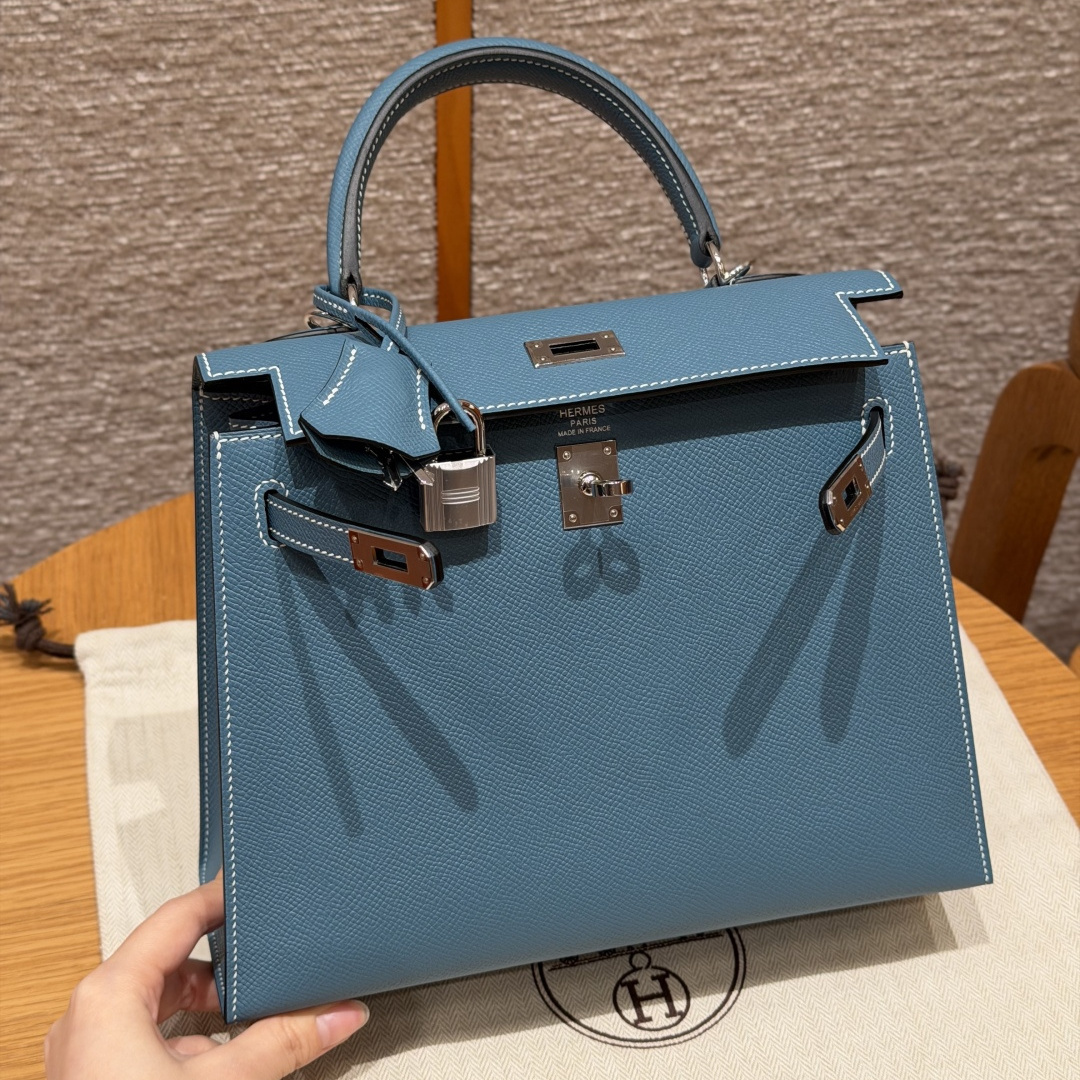 高仿Hermes*Kelly25系列H043110EP7C牛仔藍銀扣牛皮純手工
