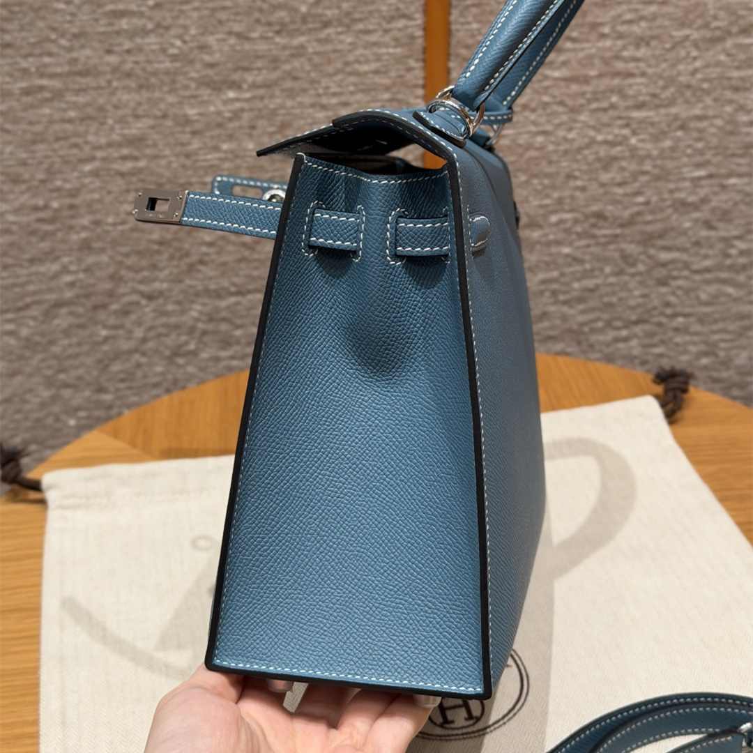 高仿Hermes*Kelly25系列H043110EP7C牛仔藍銀扣牛皮純手工