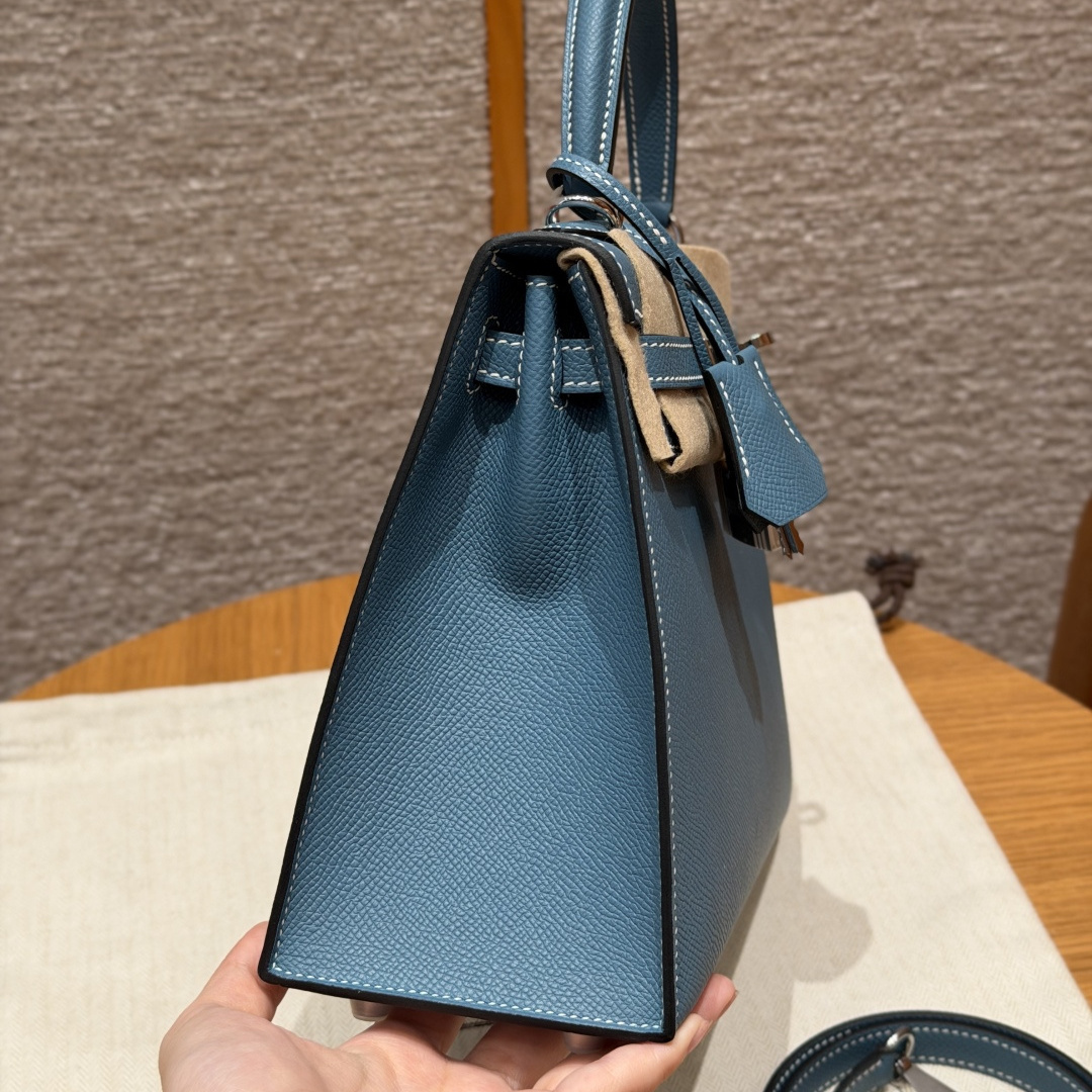 高仿Hermes*Kelly25系列H043110EP7C牛仔藍銀扣牛皮純手工