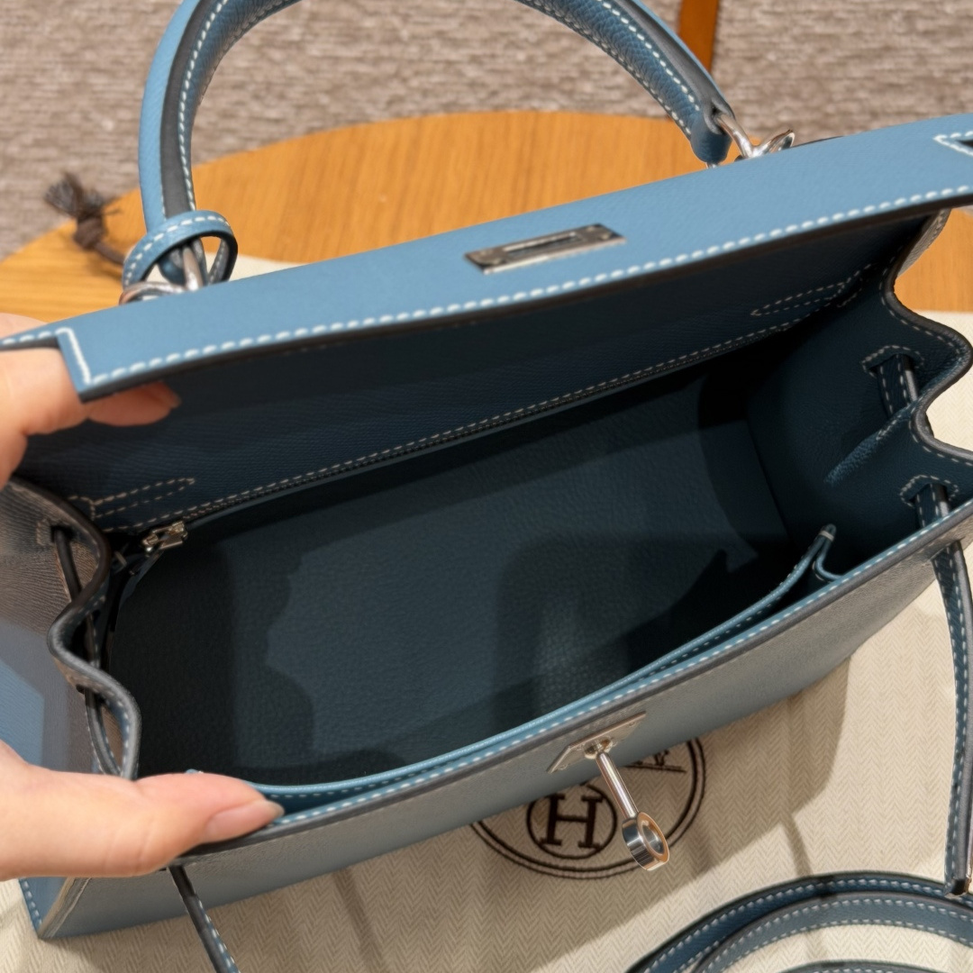 高仿Hermes*Kelly25系列H043110EP7C牛仔藍銀扣牛皮純手工