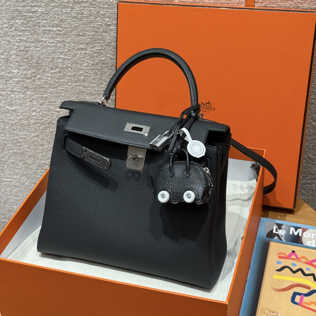 高仿Hermes*Kelly28系列H043230TC89黑色銀扣牛皮純手工