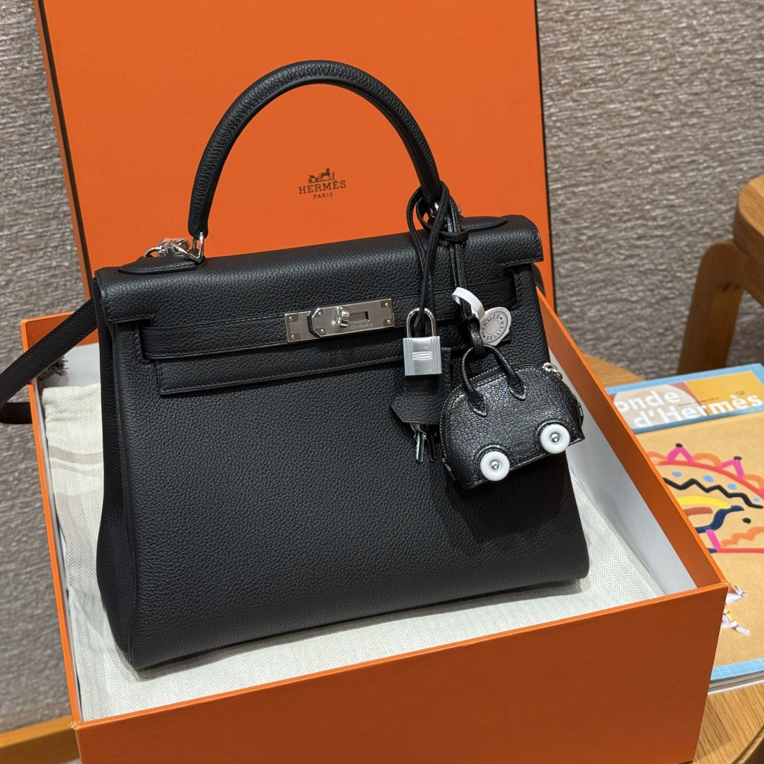 高仿Hermes*Kelly28系列H043230TC89黑色銀扣牛皮純手工