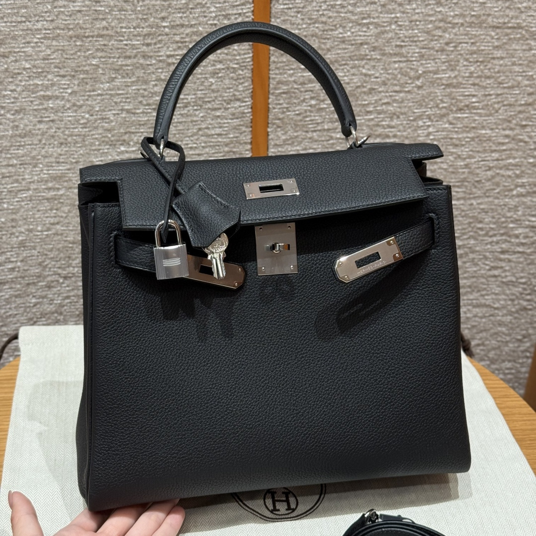 高仿Hermes*Kelly28系列H043230TC89黑色銀扣牛皮純手工