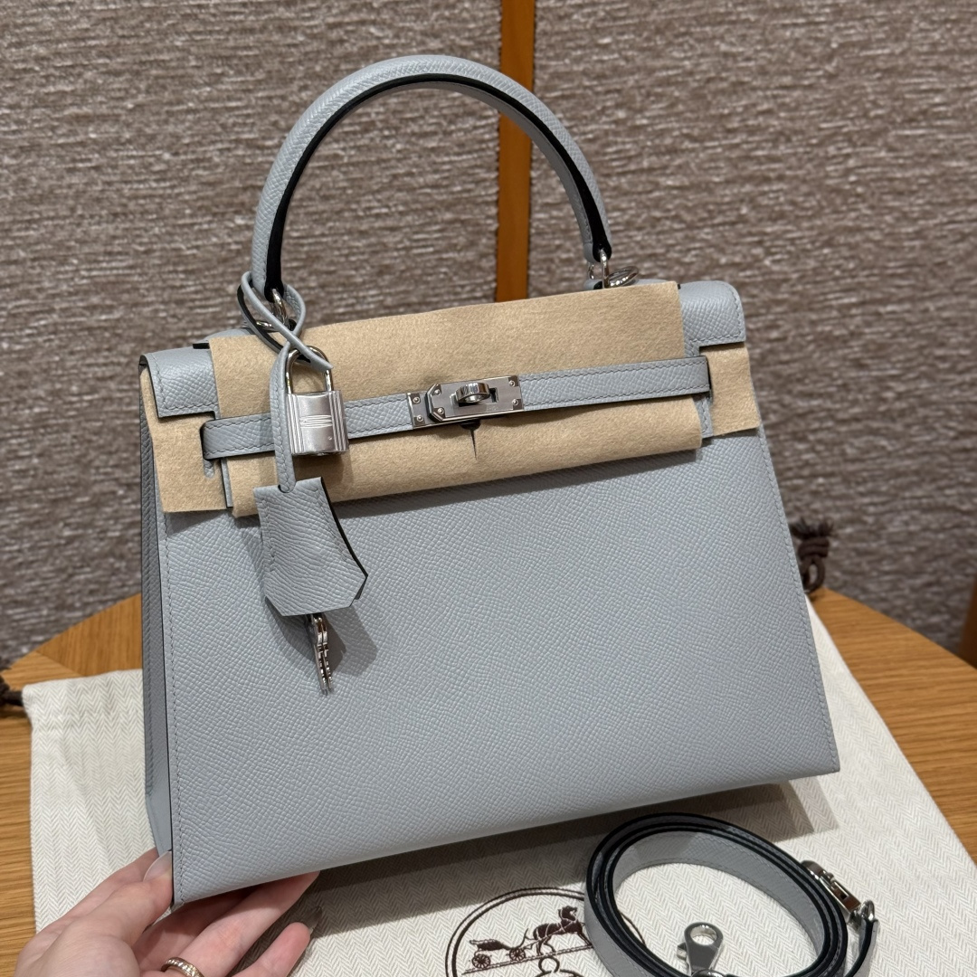 高仿Hermes*Kelly25系列H043110EPJ7亞麻藍銀牛皮純手工