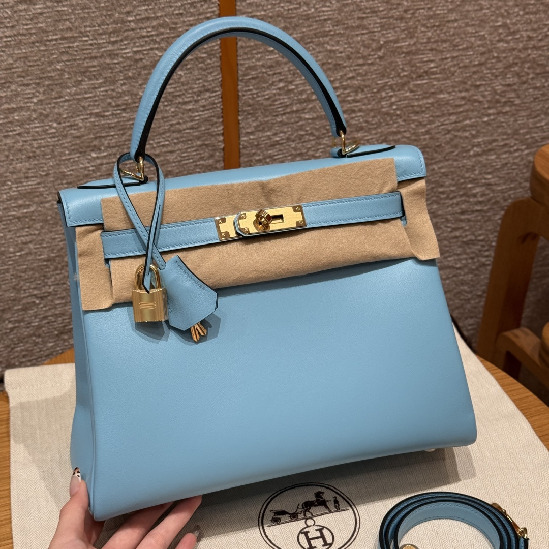 高仿Hermes*Kelly28系列H043230SW7N糖果藍金扣牛皮純手工
