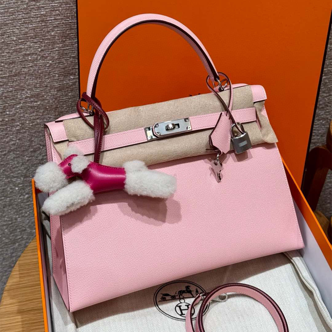 高仿Hermes*Kelly32系列H043150EP3Q櫻花粉銀扣牛皮純手工